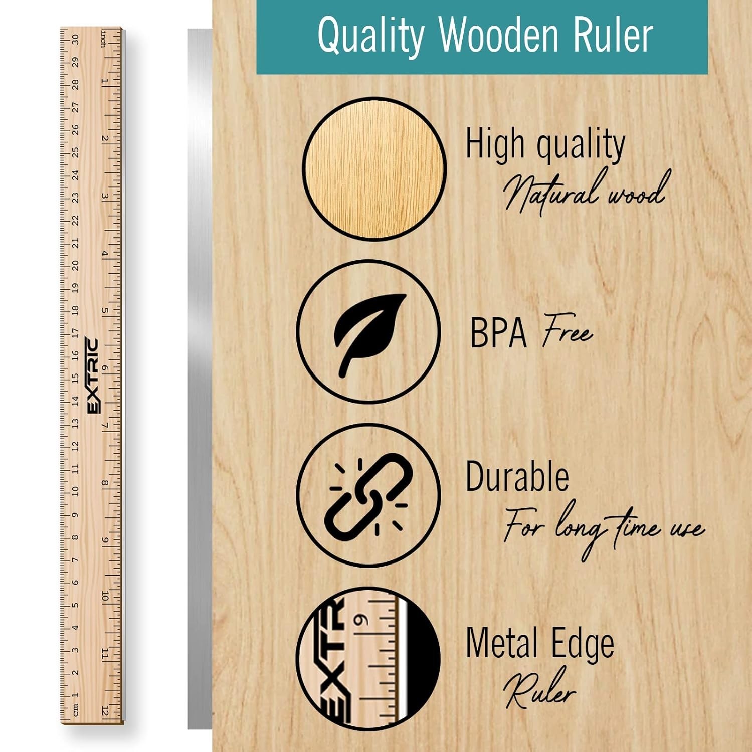 12 Inch Ruler 4 Pack, Wooden Ruler with Metal Edge, School Office Use