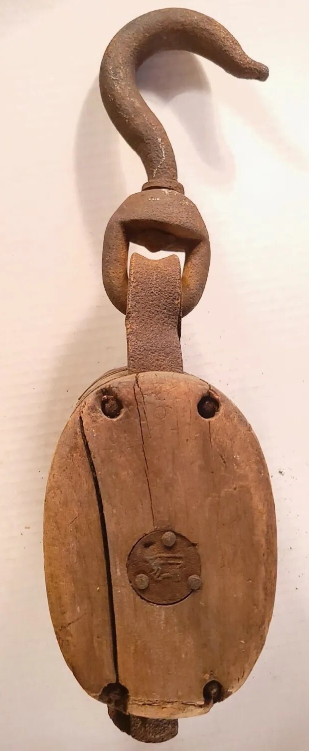 Antique Double Block & Tackle Wood & Iron Farm, Barn, Nautical, Industrial 16″