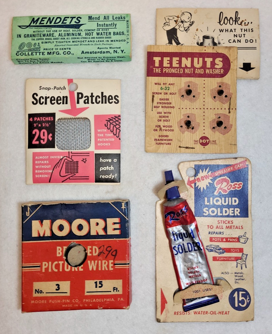 5 Misc. Vintage Hardware Items – Mendets, Teenuts, Liquid Solder, Wire, Patches
