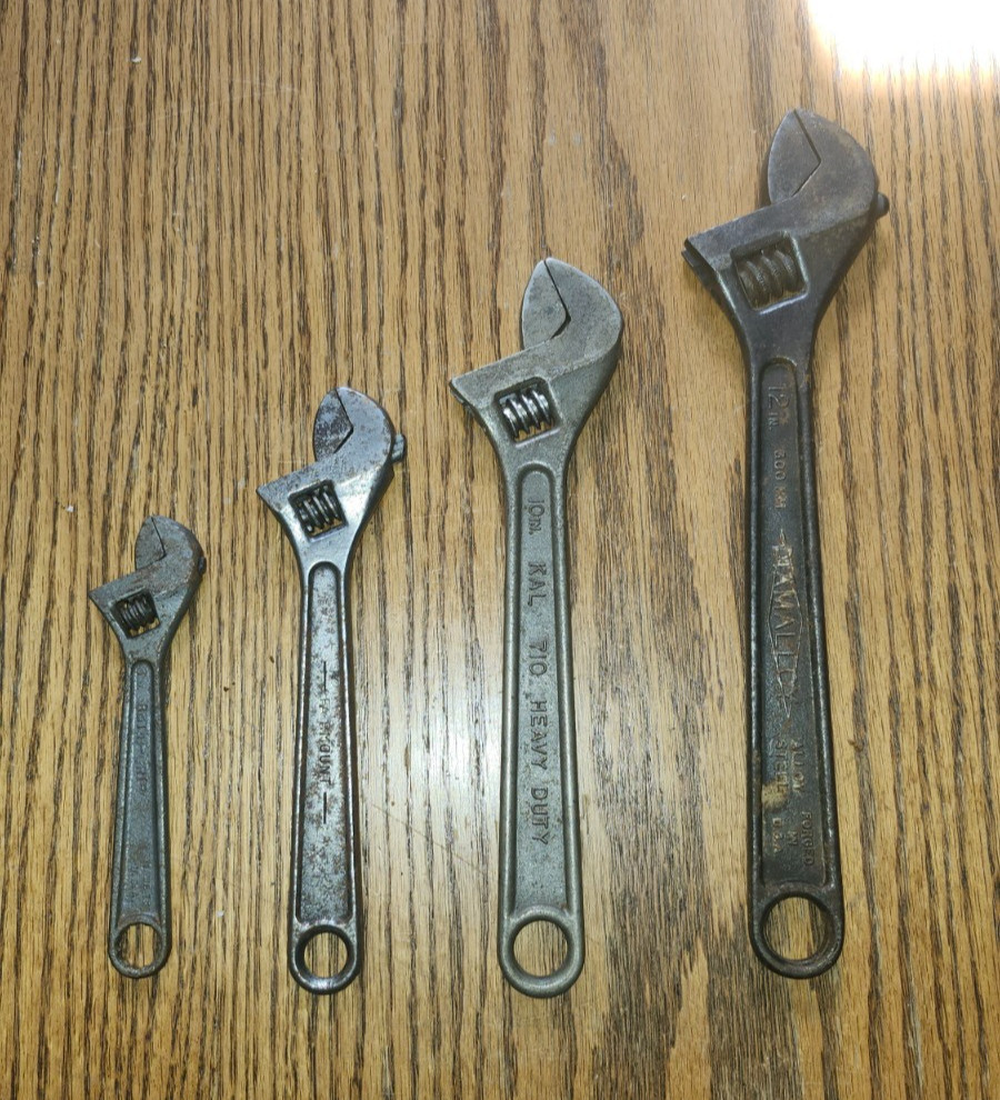 Vintage Lot (4) Adjustable Wrench Set 6″, 8″, 10″, 12″ (USA) USED