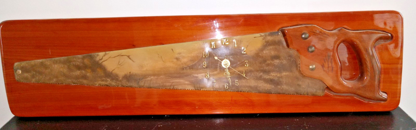 Antique Hand painted Saw W Clock Wall Hanger Wood
