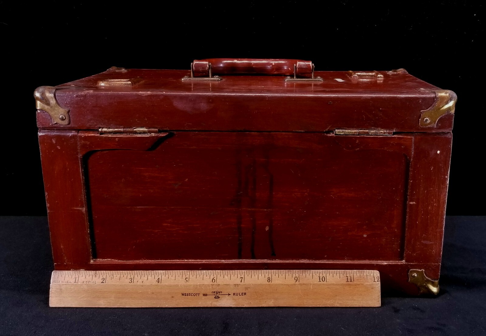 Antique Handmade Wood Tool Box W Removable Tray Initials HP On Top 14.5 x 8 x 8