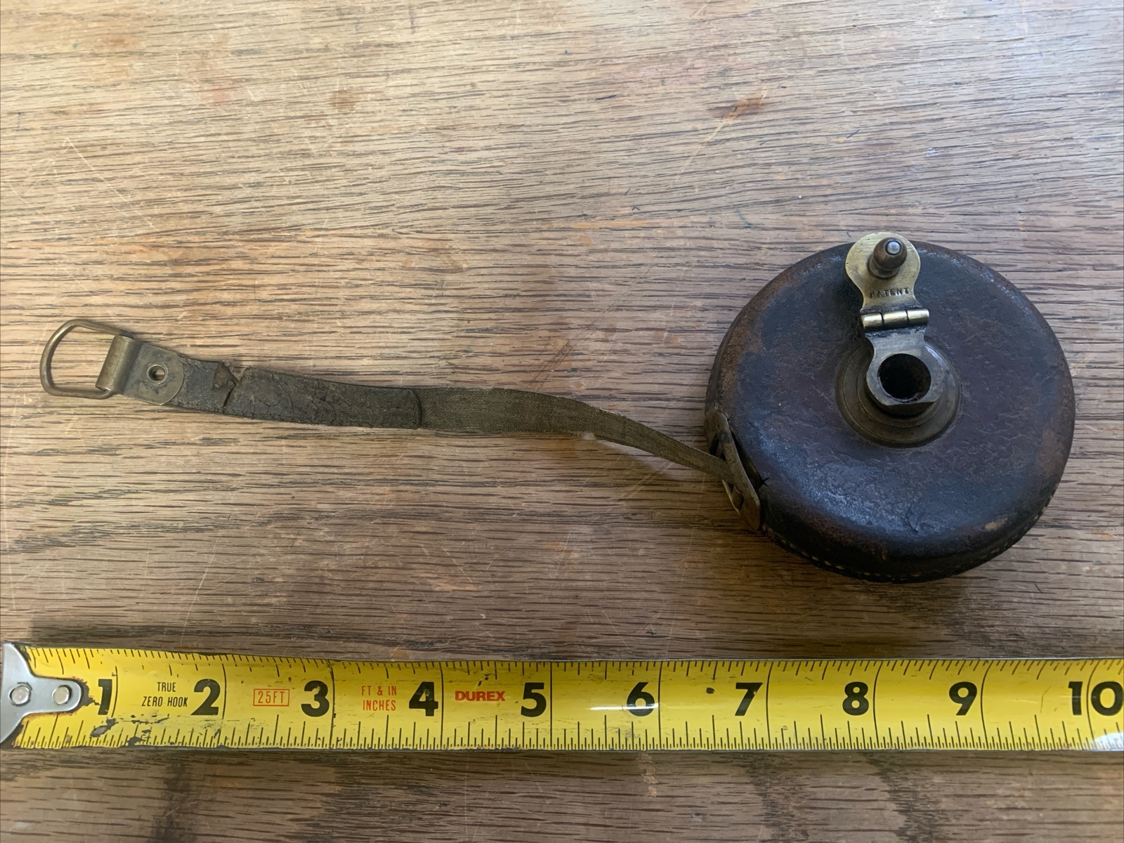Antique leather metal tape 25 feet brass linen barn find Pennsylvania