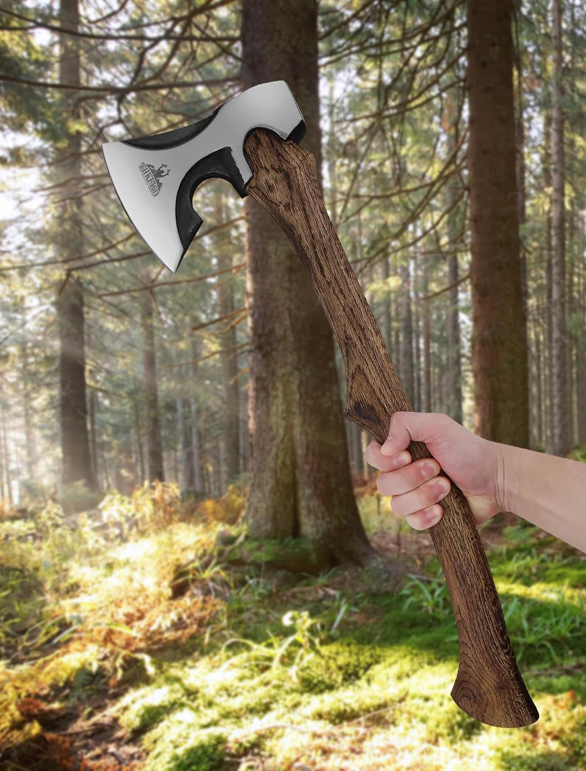 Camping Hatchet -Chopping Axe with Leather Sheath, 22.3″ Forged Carbon Steel Woo