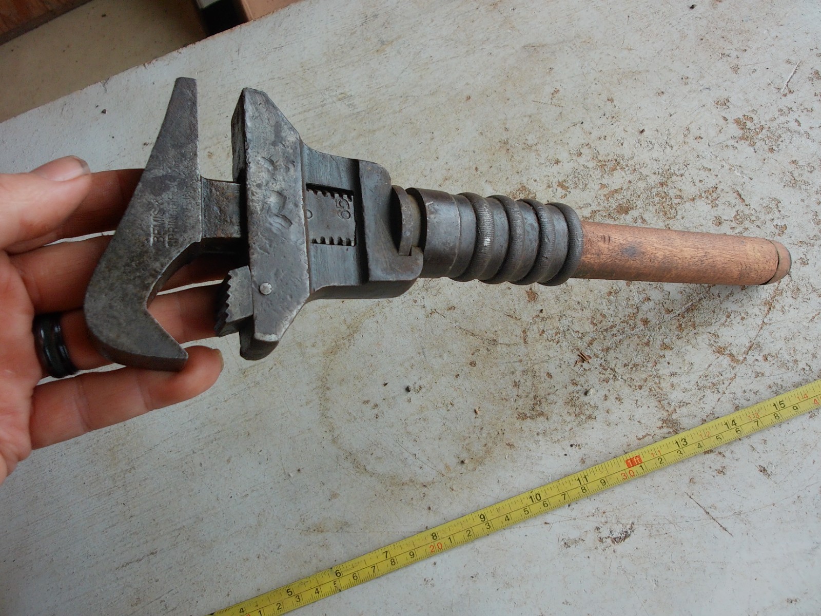 Vintage 12″ Bemis & Call Hawk Bill Wood Handle Adjustable Wrench Lot 26-22-G2