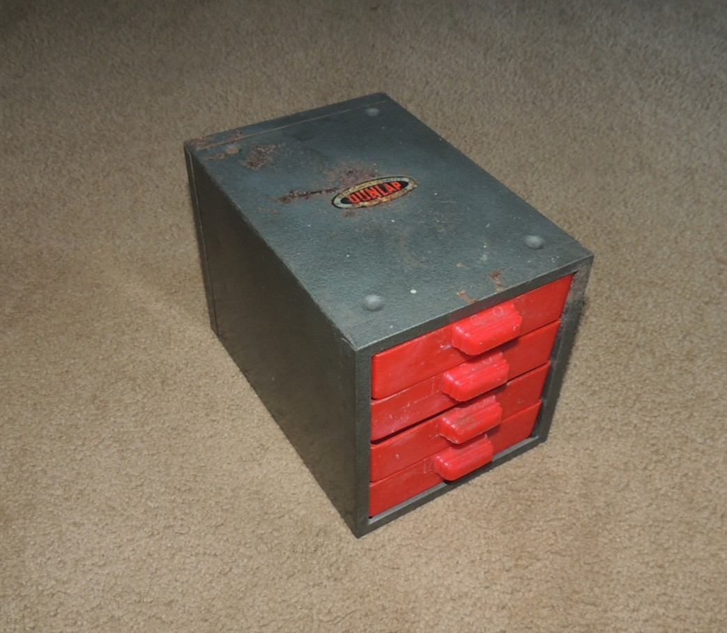 VTG. DUNLAP 4 Drawer Metal Cabinet Organizer Red Plastic Drawers Small Parts USA