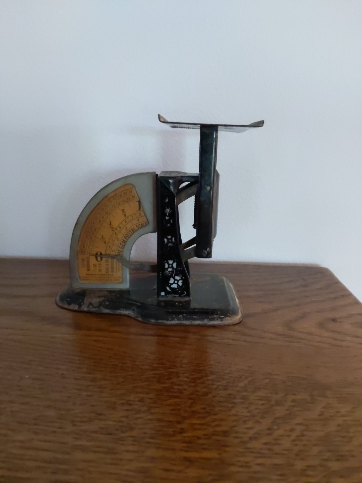 Small antique The Gem Postal Scale Pat. 1904 black with white flowers 8.25″ tall