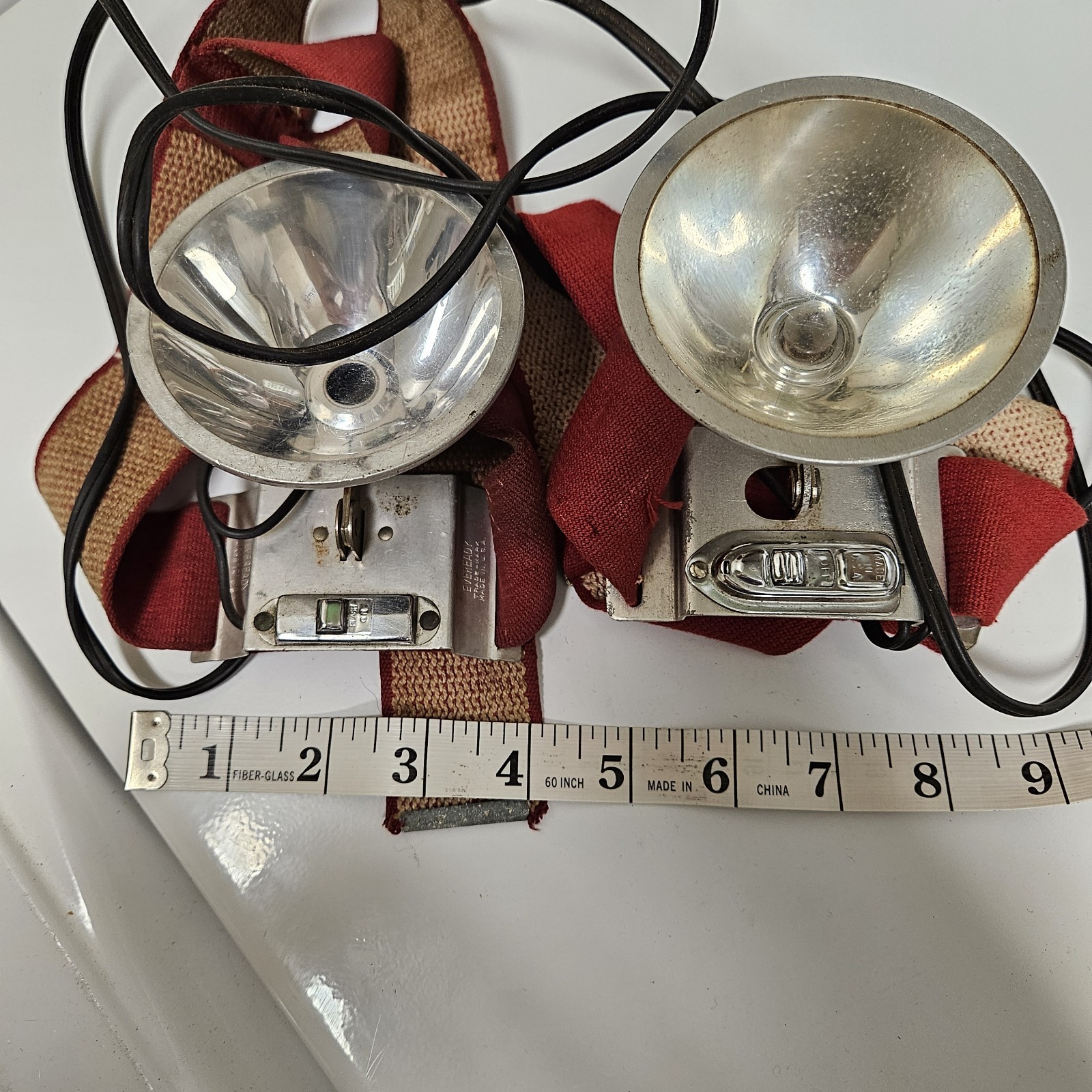 2 Vintage USA Head Lamps Minor Flashlight Light Old Collectible Ereready Burgess