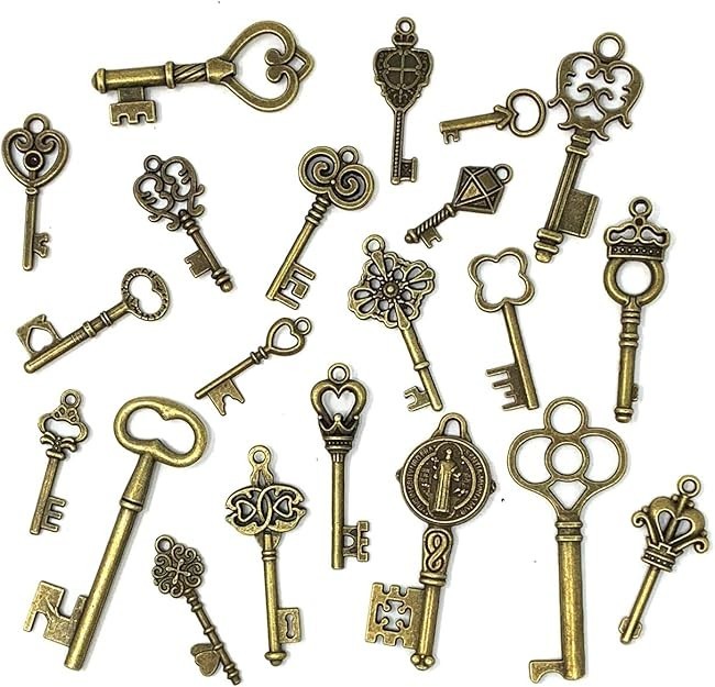 125PCS Vintage Skeleton Key Charms Antique Bronze DIY Jewelry Pendants Mixed Set