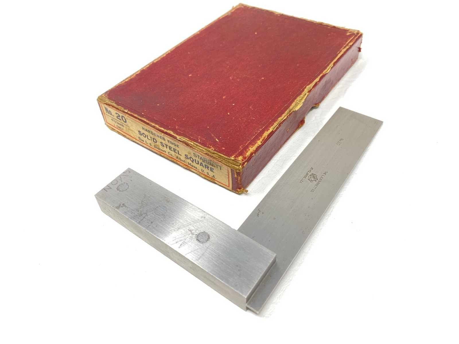 Vintage L. S. Starrett No. 20 Hardened Edge Solid Steel Square 4 1/2″ & Box USA!
