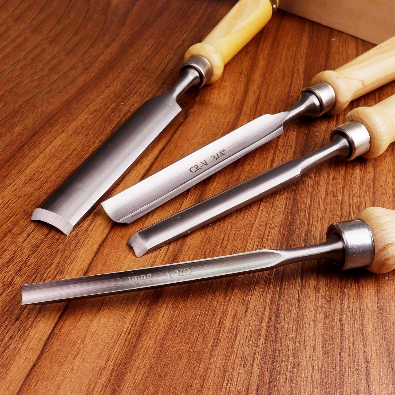 4-Piece Wood Chisel Set, 8Mm 12Mm 18Mm 25Mm CR-V Steel Curved Outer Edge Gouge,