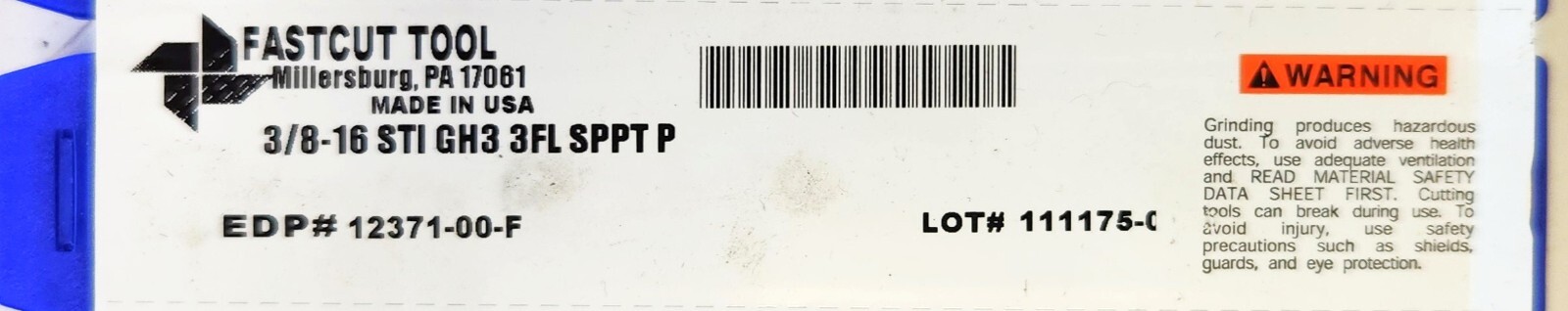 FASTCUT 12371-00-F 3/8-16 STI GH3 3FL SP.PT. PLG HSS TAP (NEW) (MADE IN U.S.A.)