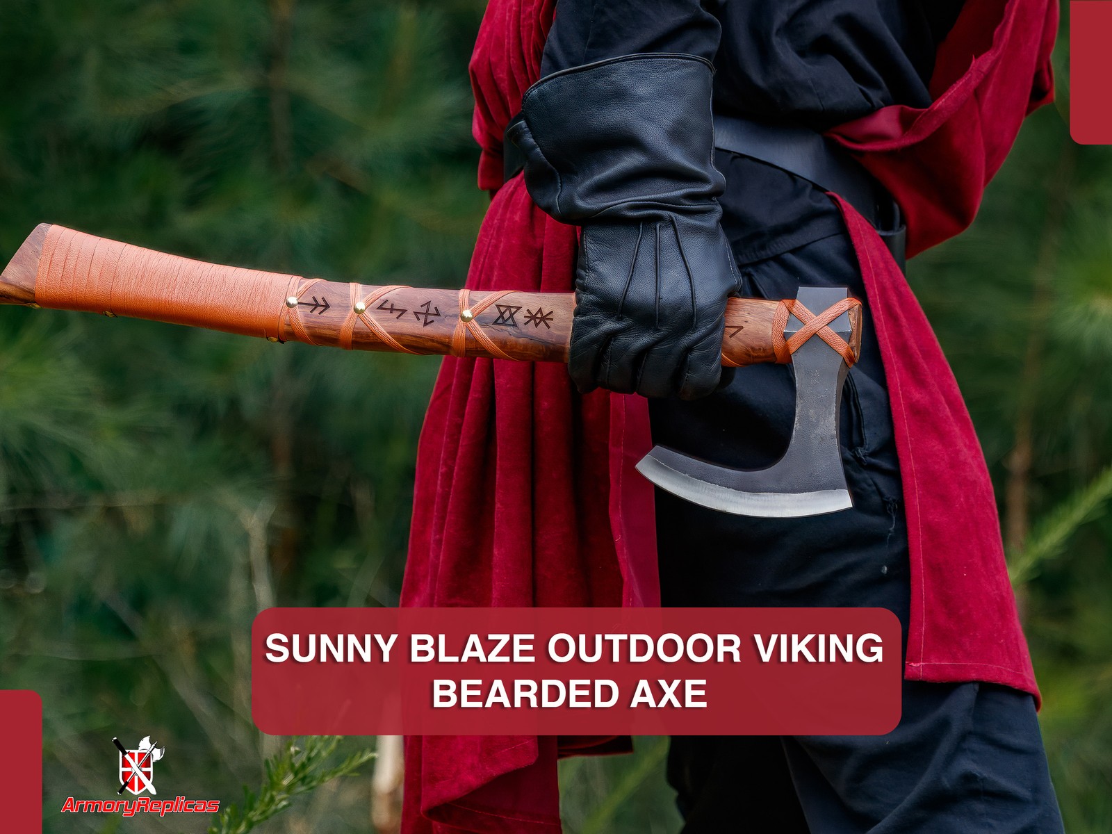 Functional Outdoor Hand Forged Viking Bearded Skeggøx Axe Orange Leather Wrap
