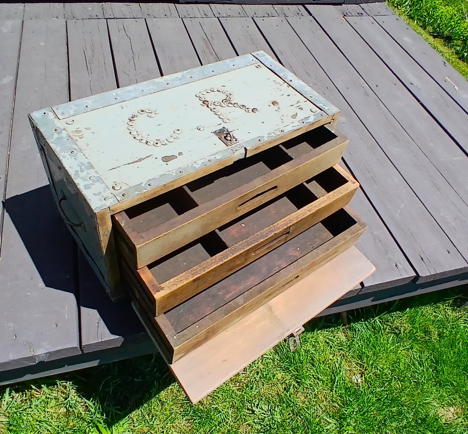 Antique Primitive Folk Art Gray Wooden Machinist Tool Box 1930s
