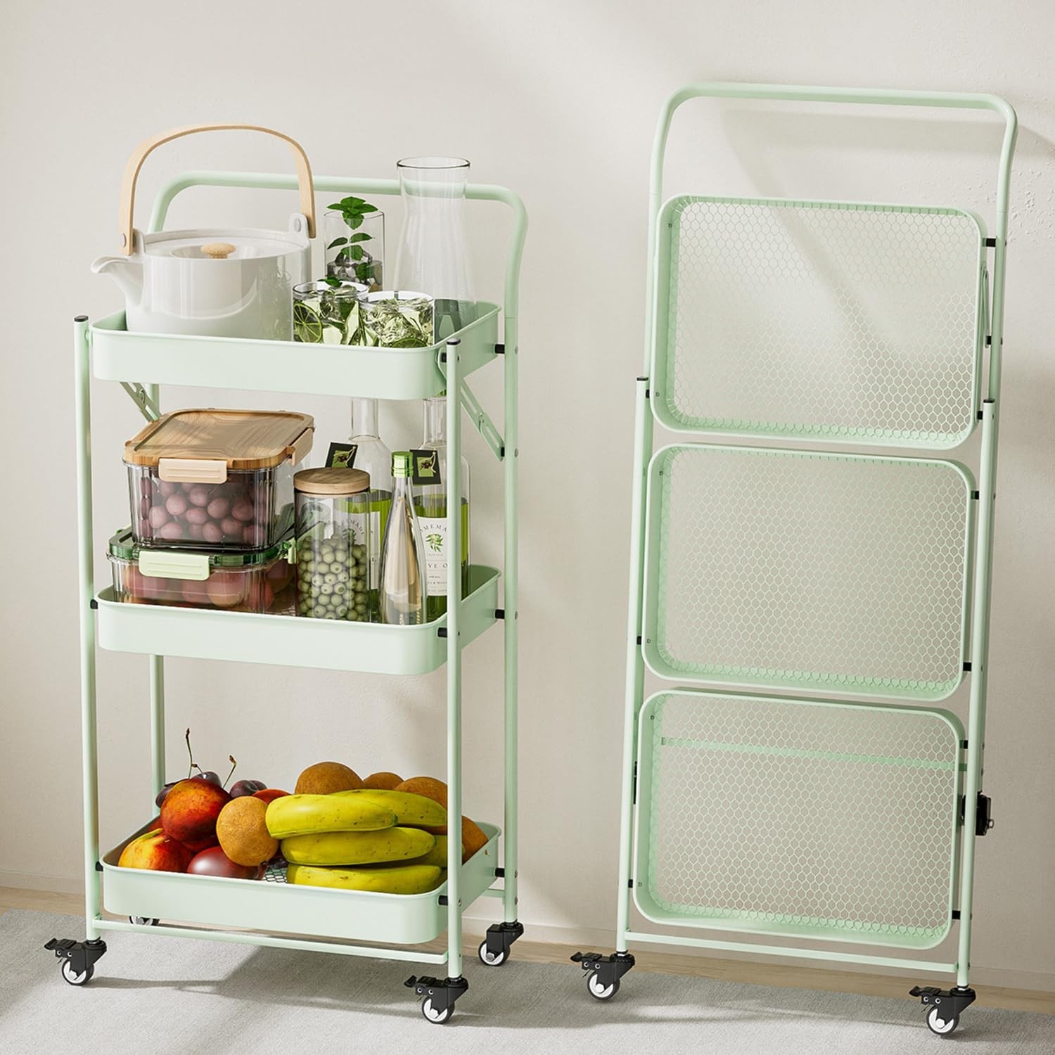JAQ Foldable Rolling Cart, 3-Tier Metal Folding Storage Utility Carts Basket …