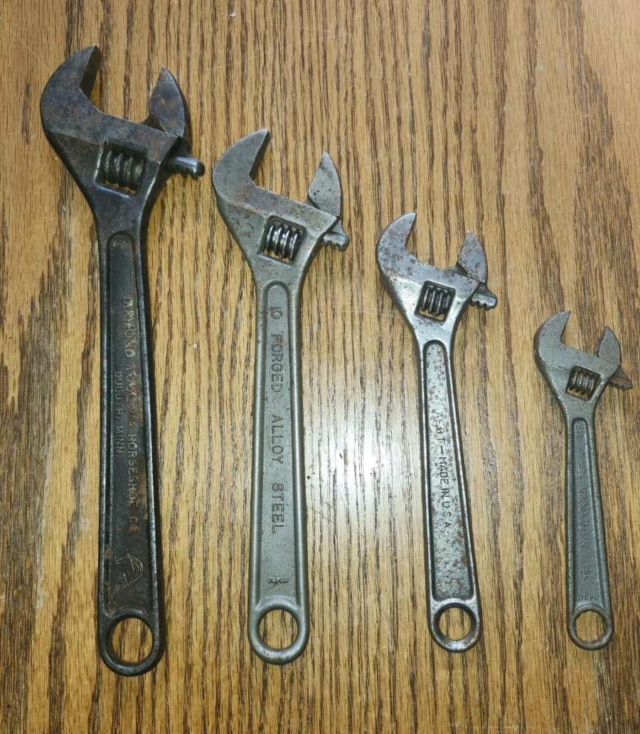 Vintage Lot (4) Adjustable Wrench Set 6″, 8″, 10″, 12″ (USA) USED