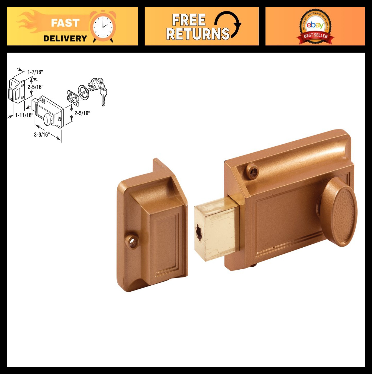 Single Cylinder Rim Deadlatch, Diecast Brass, Night Lock, 2 Keys – Secure Home A