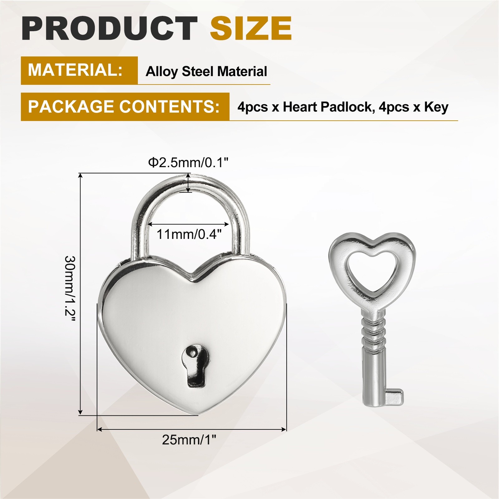 Mini Heart Lock with Key, (1×1.2 Inch, Silver) (4 Pcs), Heart Shaped Padlock