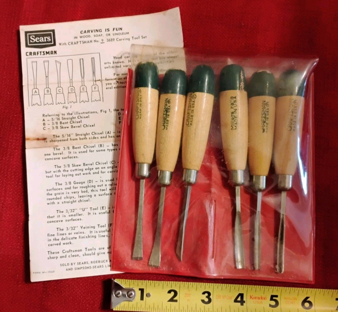 Vintage Craftsman USA wood chisel carving tool set 6.25″ different tips nice VG+
