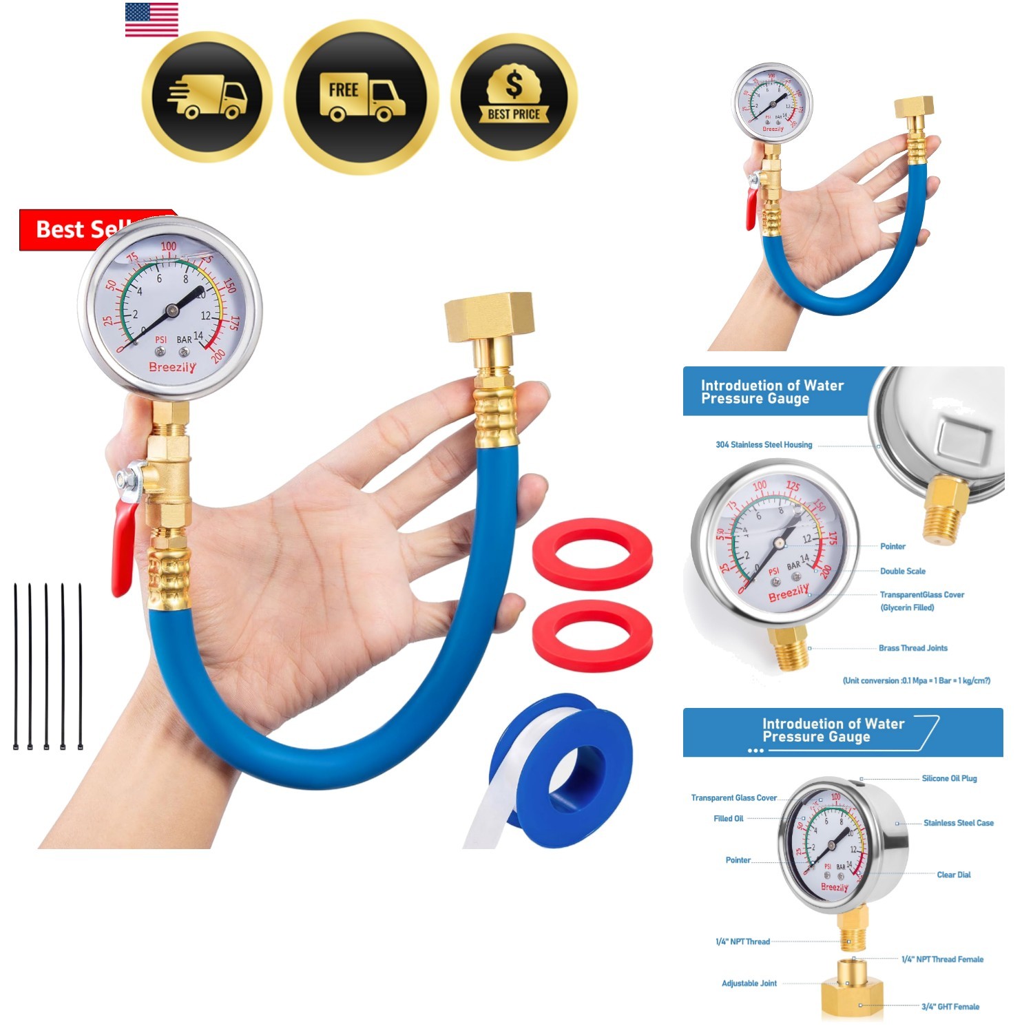 Water Pressure Gauge Kit,2.5″ Dial+12″ EPDM Rubber+1/4″ Lead-Free Valve+1/4 …