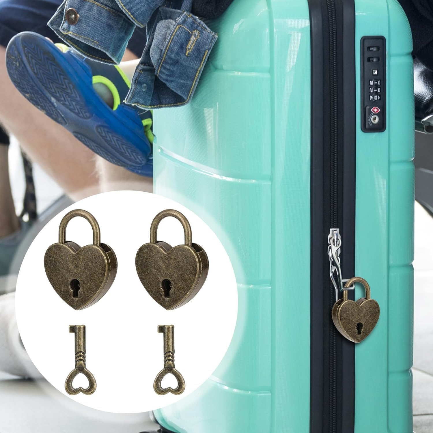 Mozeat Lens 2Pack Mini Antique Bronze Heart Shaped Padlocks with Key, 2Pcs Locks