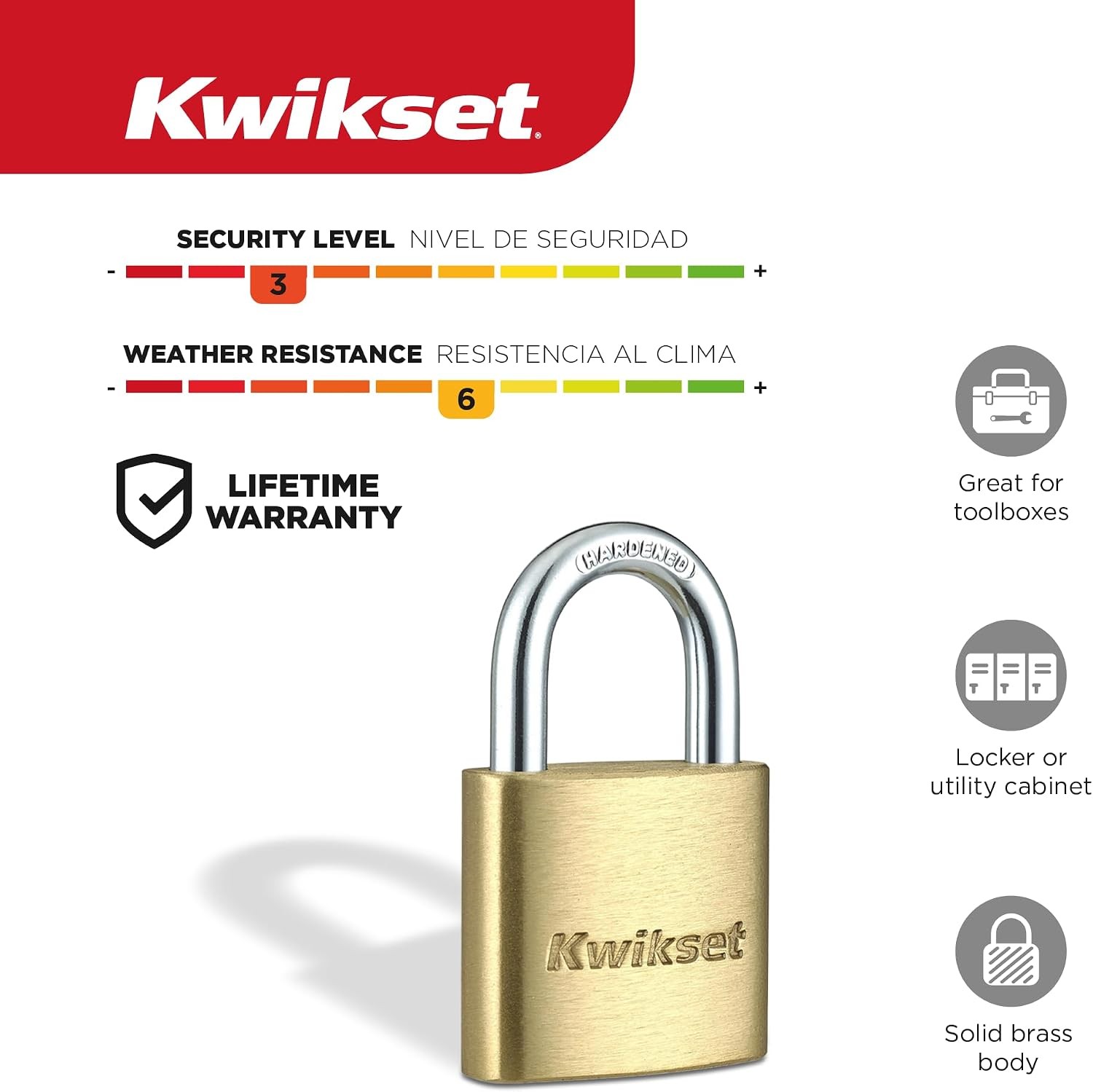 Brass Padlock with Hardened Steel Shackle, Indoor Outdoor Cabinet and Storage