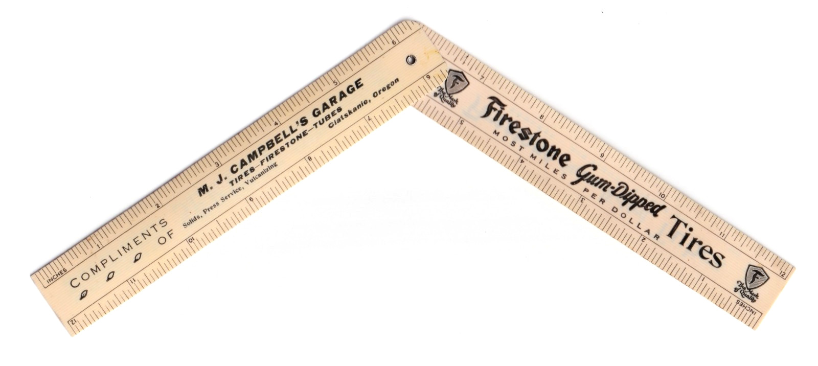 Firestone Tires Folding Celluloid Ruler Clatskanie OR Campbell’s Garage Vintage