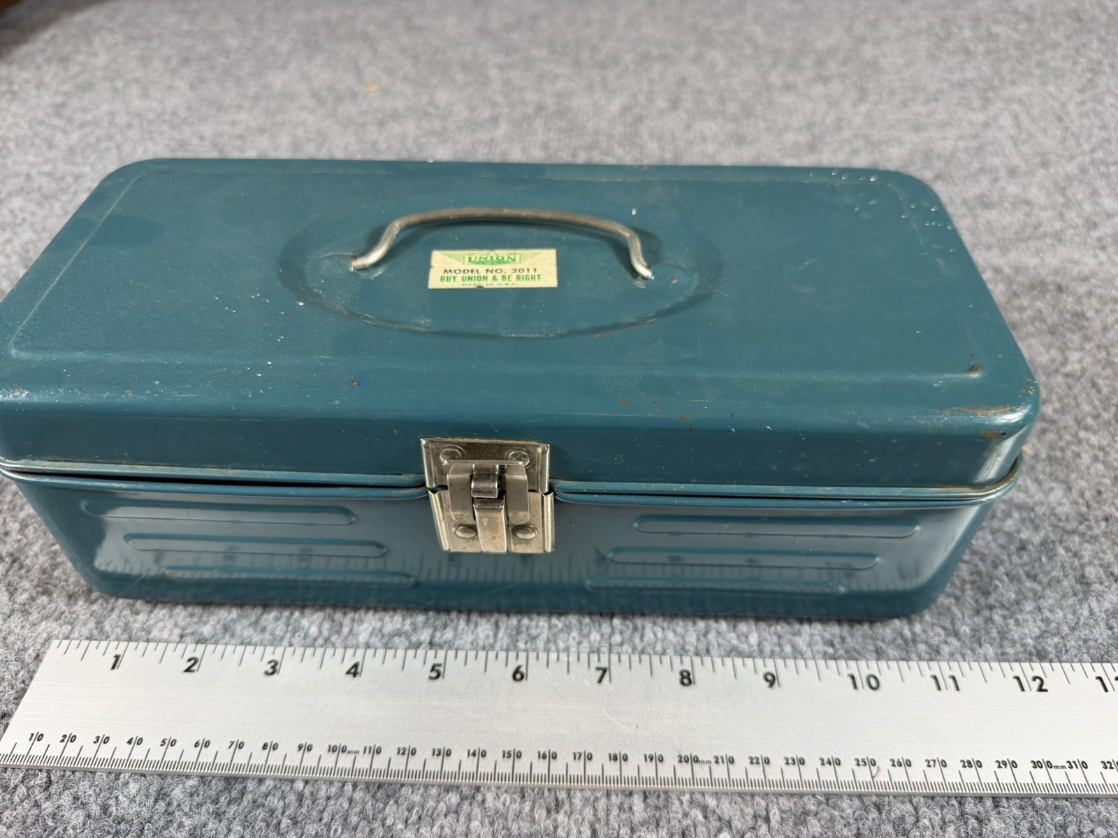 Vintage Union Steel Teal Toolbox w/Handle 5.25″x11.5″x4.25″ Union Model 2011