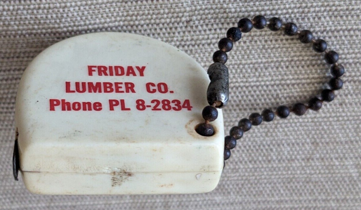 Friday Lumber Co – Tuscaloosa AL – Vintage ~1958 Key-Chain Fob Tape Measure 24″