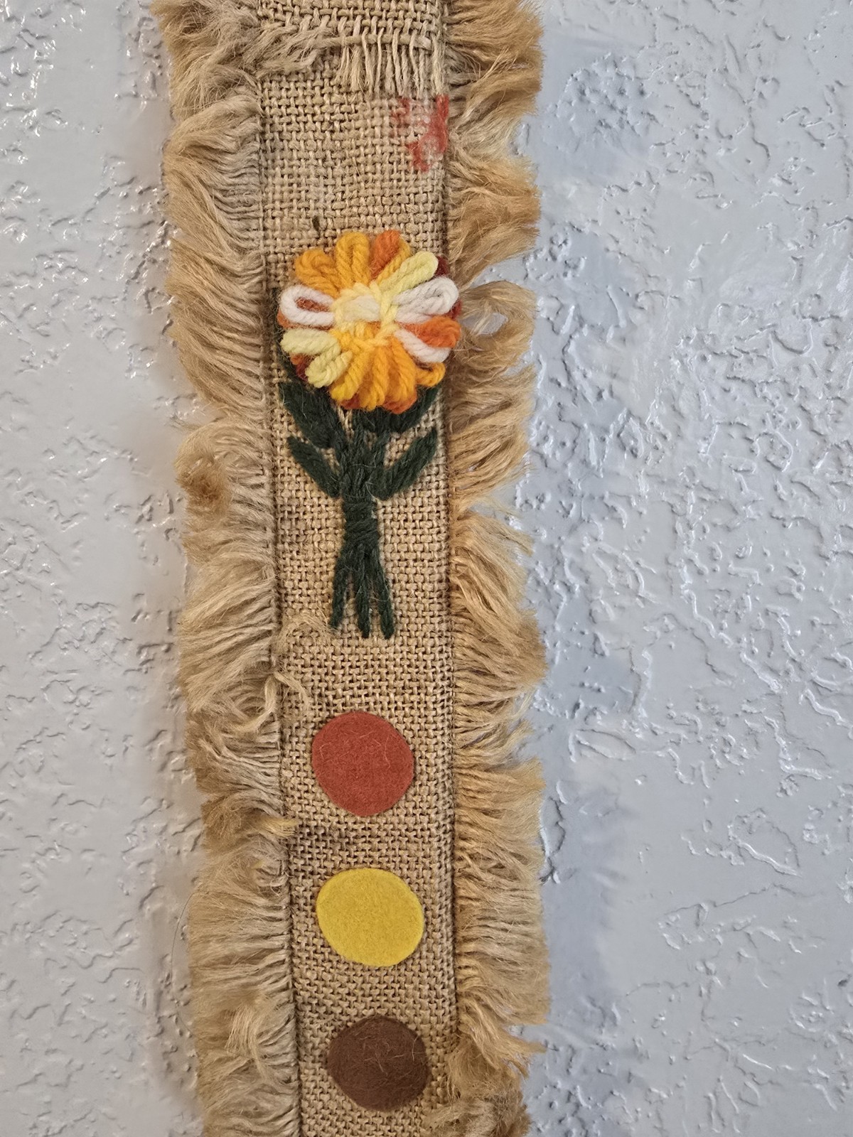 RARE Vtg Burlap Embroidered Yard Stick Holder 1960S 1970 WALL DECOR
