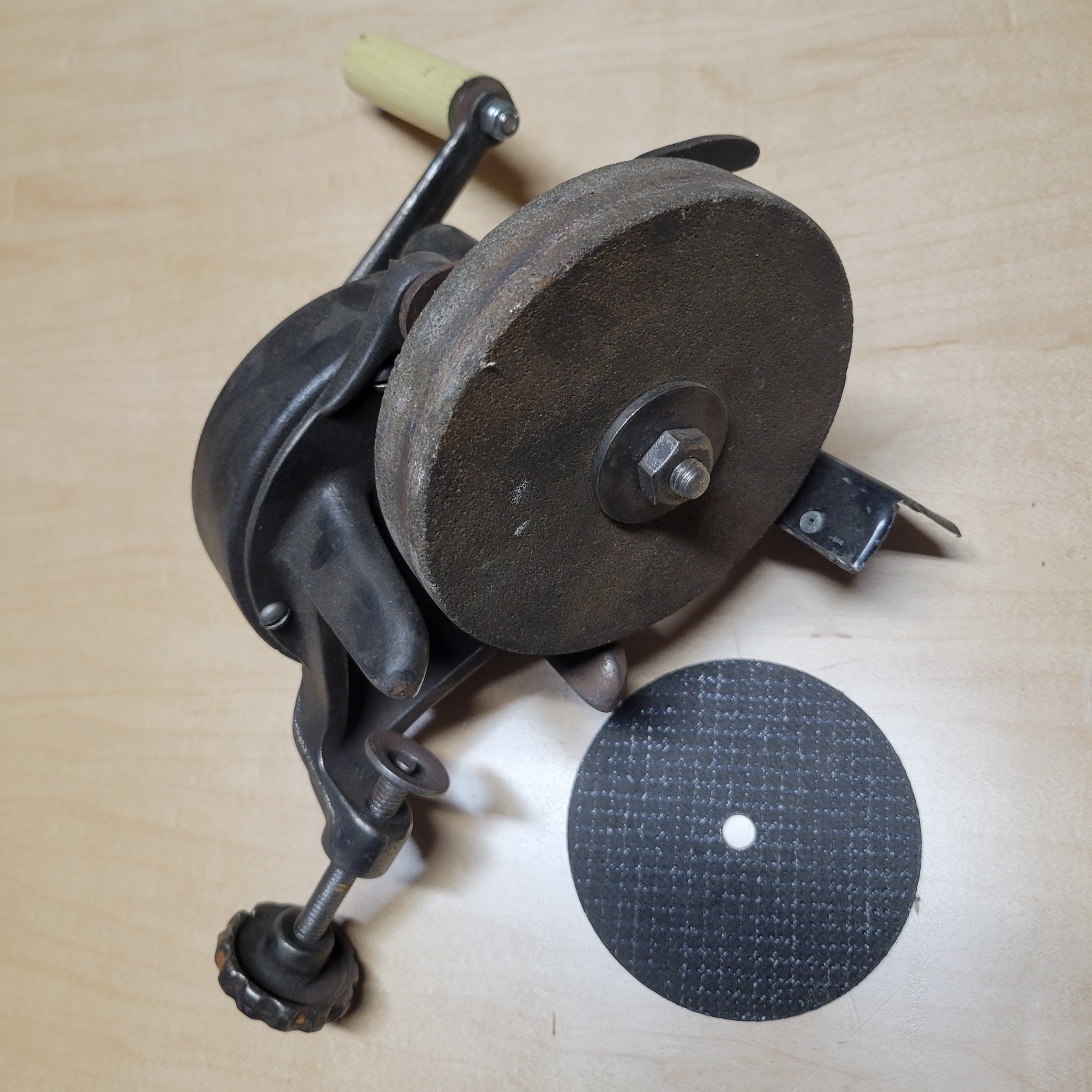 Vintage Bench Grinder Cast Iron Wood Handle Crank Bench Grinder w/ Clamp & Wheel