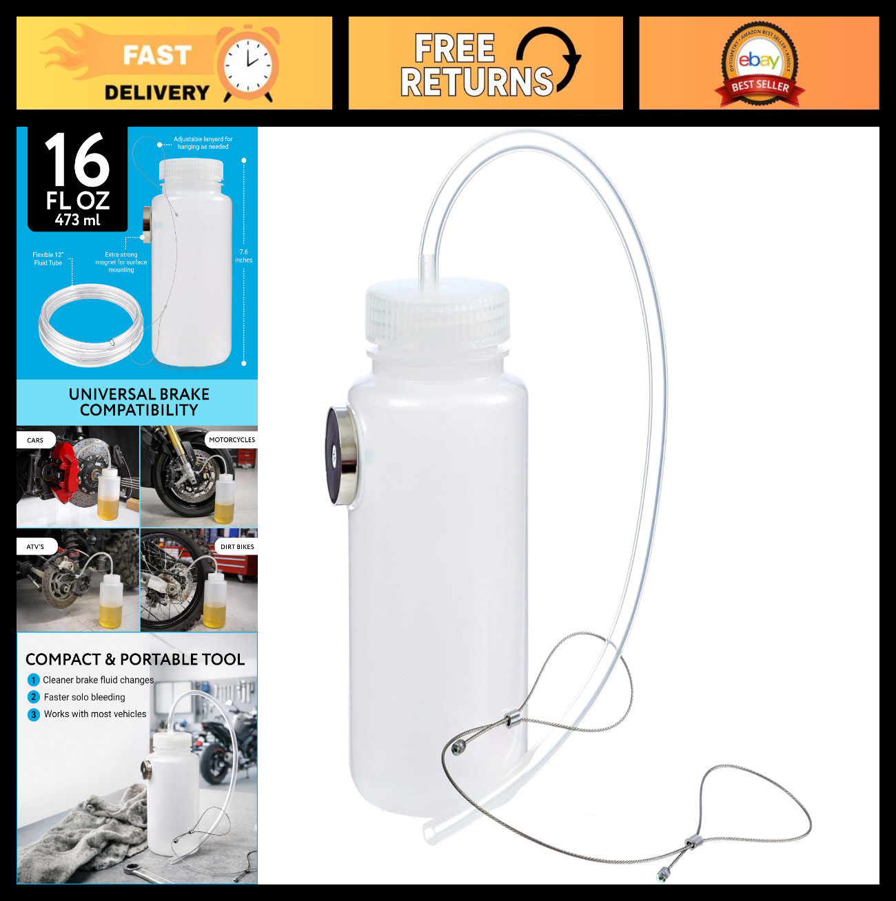 Brake Bleeder Kit – 16 Oz Magnetic Bottle & Lanyard – Brake Fluid Bleed Tool