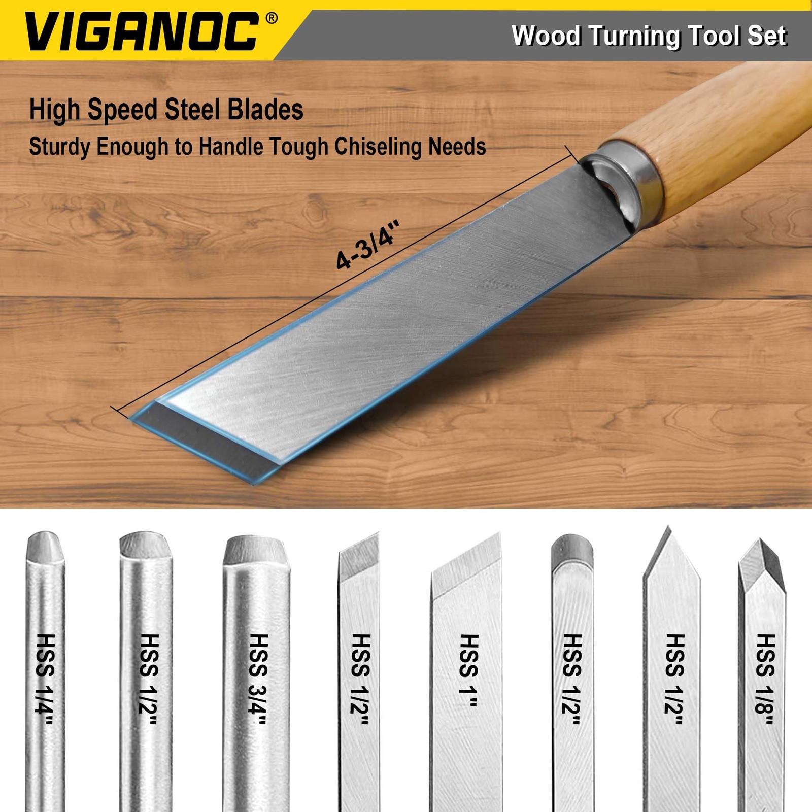 Viganoc Manganese Steel Wood Turning Tool Set, 8 Pieces with Hardwood Handles