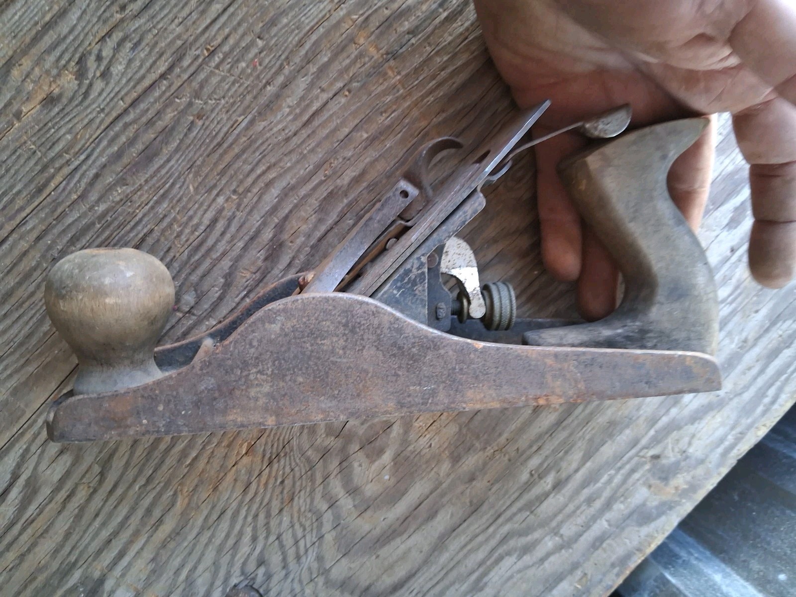 Vintage Bench Plane Woodworking Tool w/ Metal Blade & Wood Handles Brown/Silver