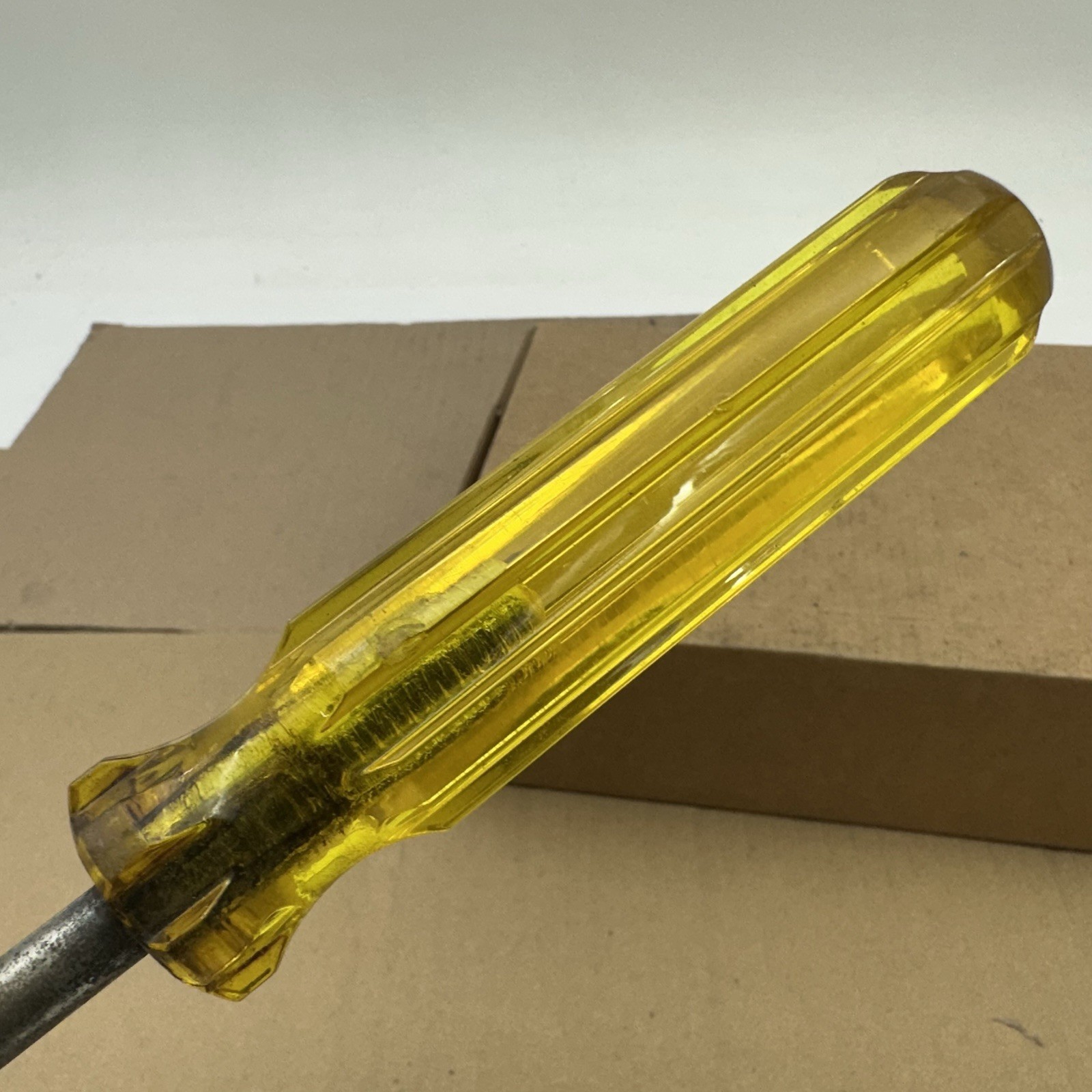 Vintage United USA Flat Slotted Screwdriver Yellow Handle 12” Shaft 17.5” OAL