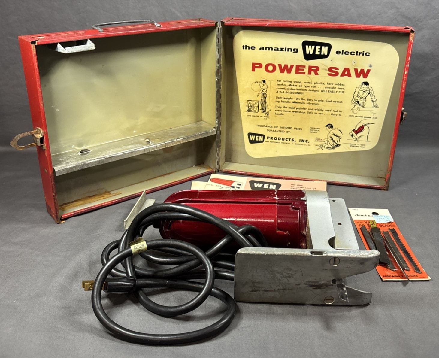 Vintage WEN – Electric Power Saw Mocel 505K – Works – w/ Metal Box – Advertising