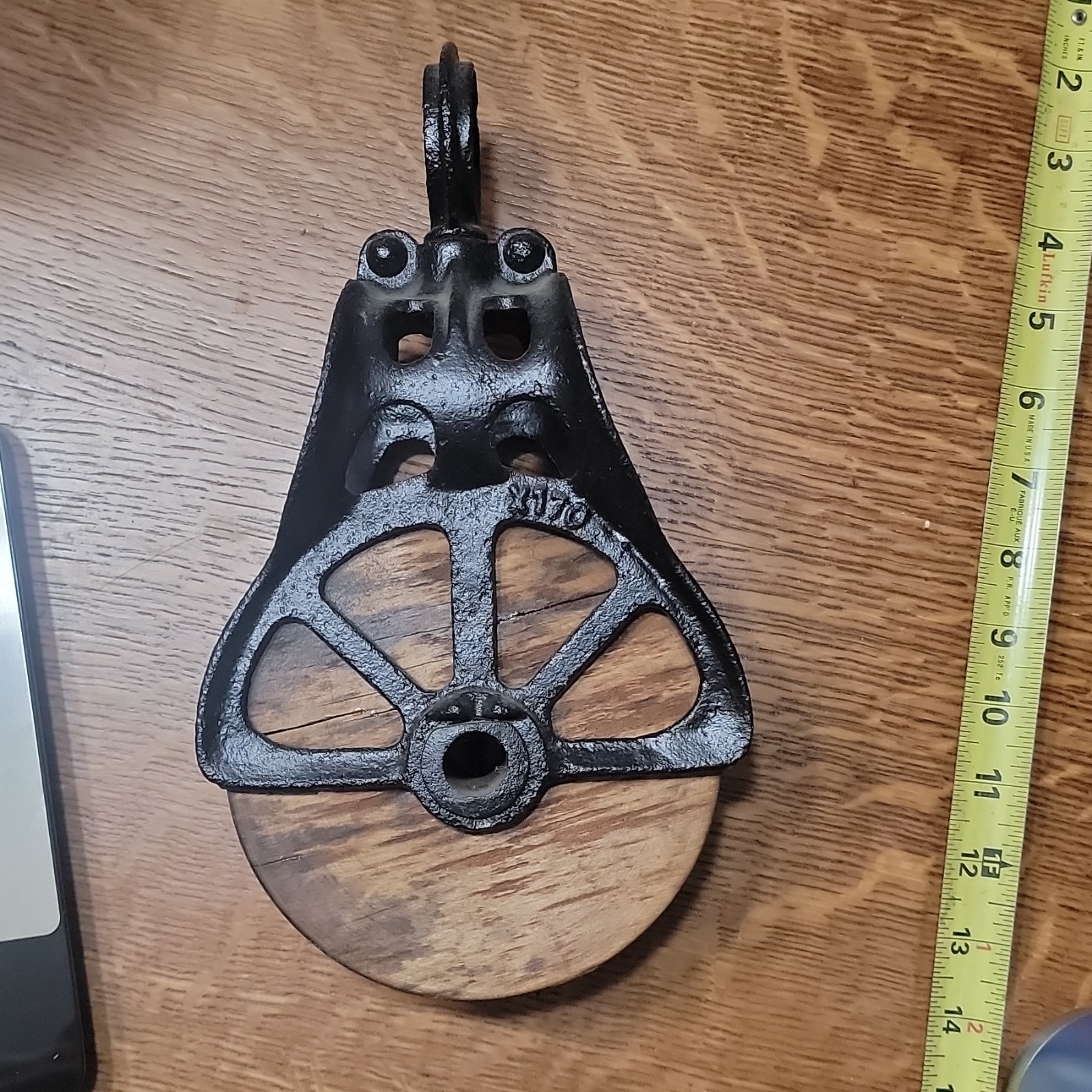 Antique Cast Iron & Wood Single Pulley Block Tackle w/ Hook Eye, 11 in