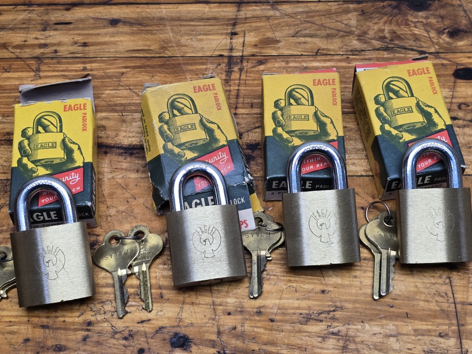 NOS Eagle Lock Co Brass Padlocks With Keys 4 Pin Tumblers 04281PS Lot Of 4 NEW