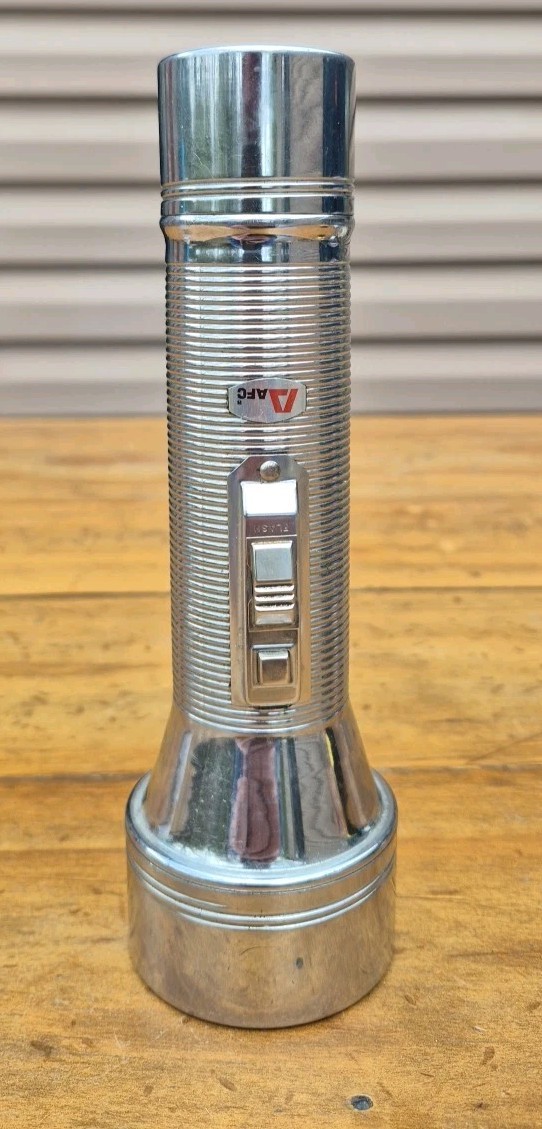Vintage 70s 80s Chrome Ribbed Flashlight AFC Metal Morse Code Signal Button 7.5″