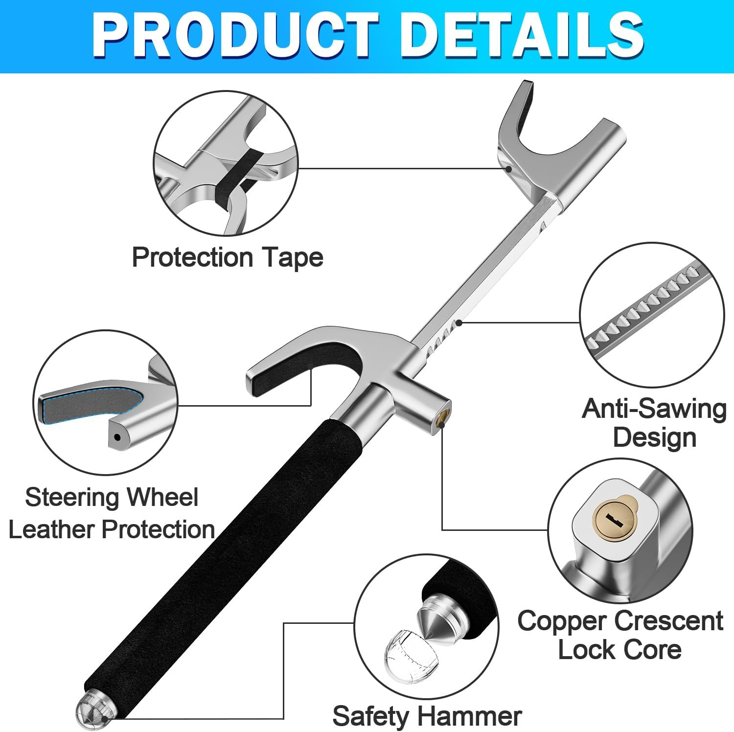 Steering Wheel Lock Universal Security Car Locks with Safety Hammer Heavy Duty C