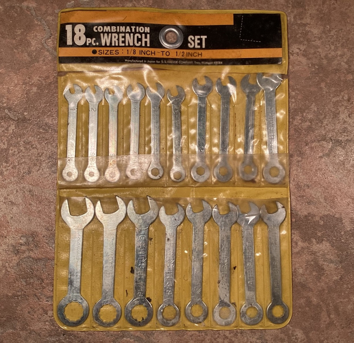 Vintage S. S. Kresge Combination Wrench 18 Piece Set 1/8″-1/2″ Sizes SAE Japan