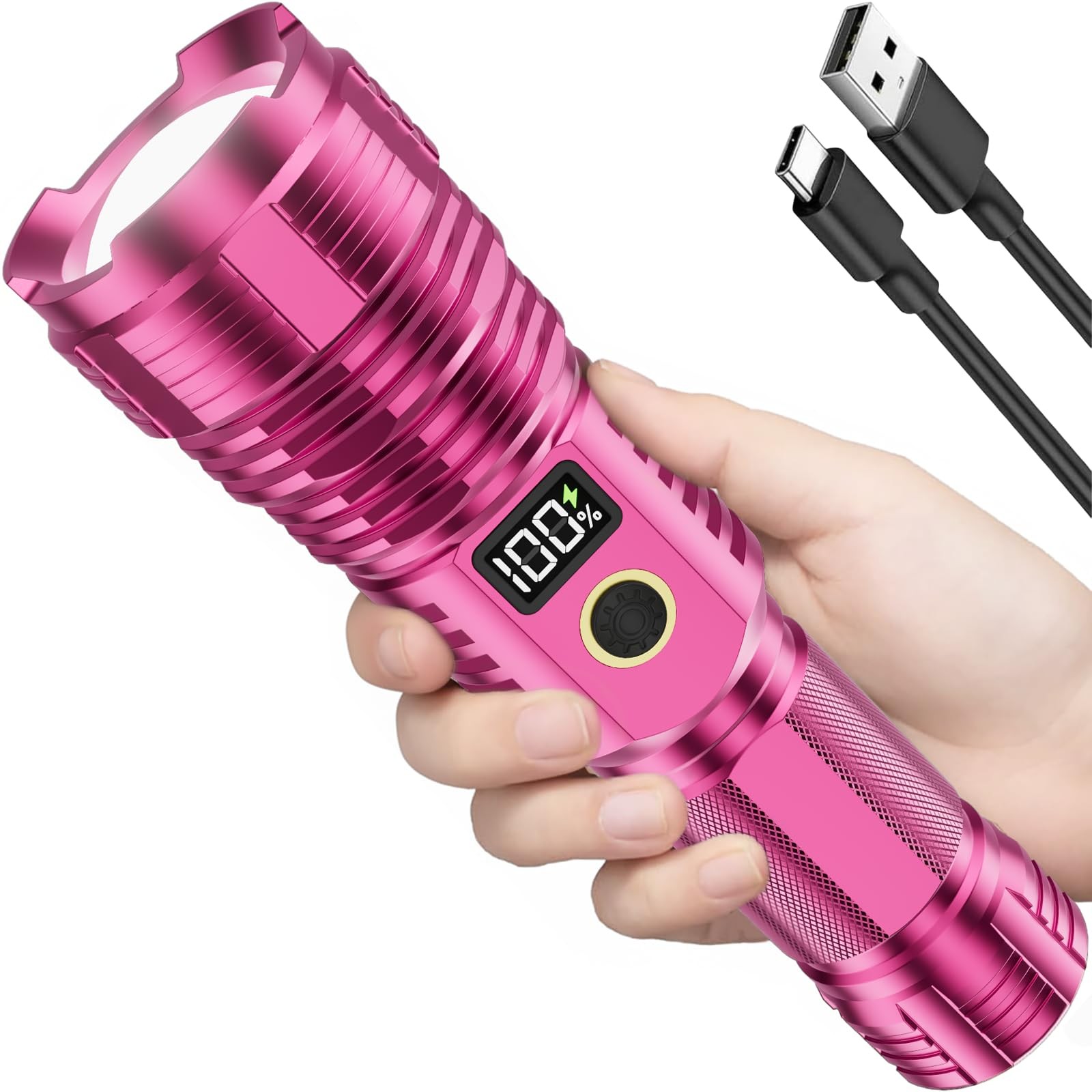 Flashlights High Lumens Rechargeable, 100,000LM LED Super Bright Flash Pink