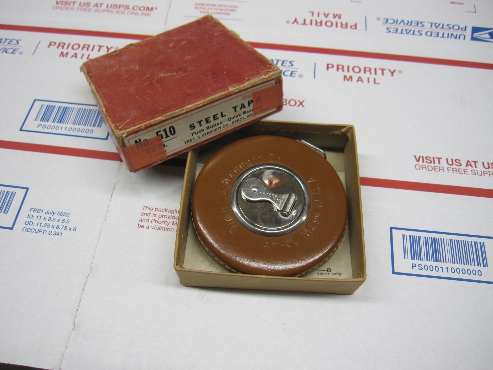Vintage Starrett 50′ Steel Tape In Leather Case & Original Box ( Must See )