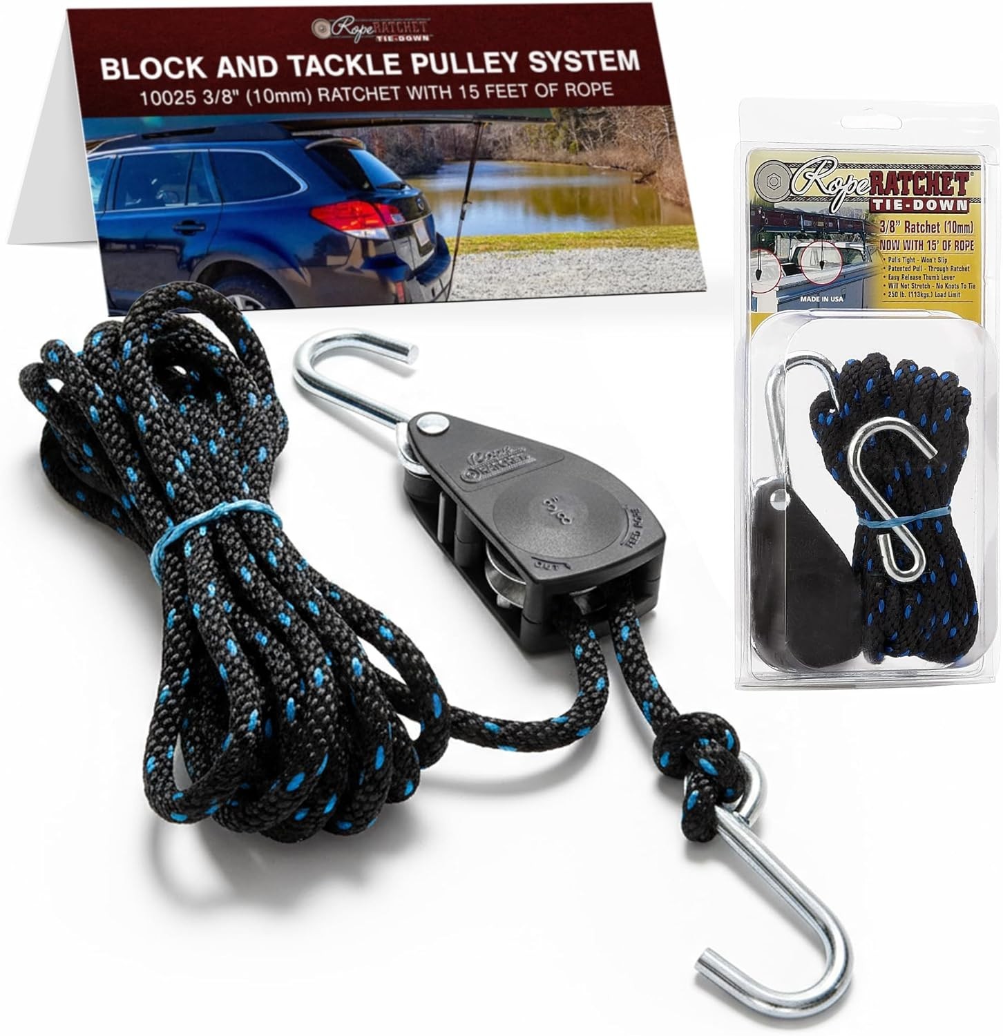 Adjustable 3/8″ Pulley System with 15′ Polypropylene Rope – Lifts 250 lb Safely