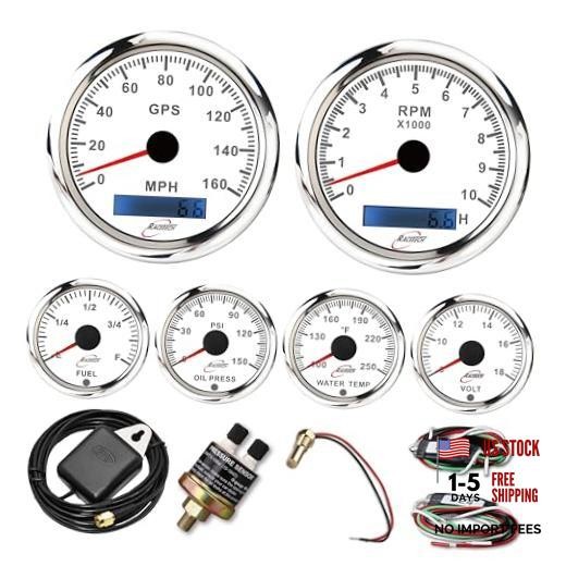6 Gauge Instrument Set 160 MPH 10000 RPM – White Dial | 85mm 3-3/8″,