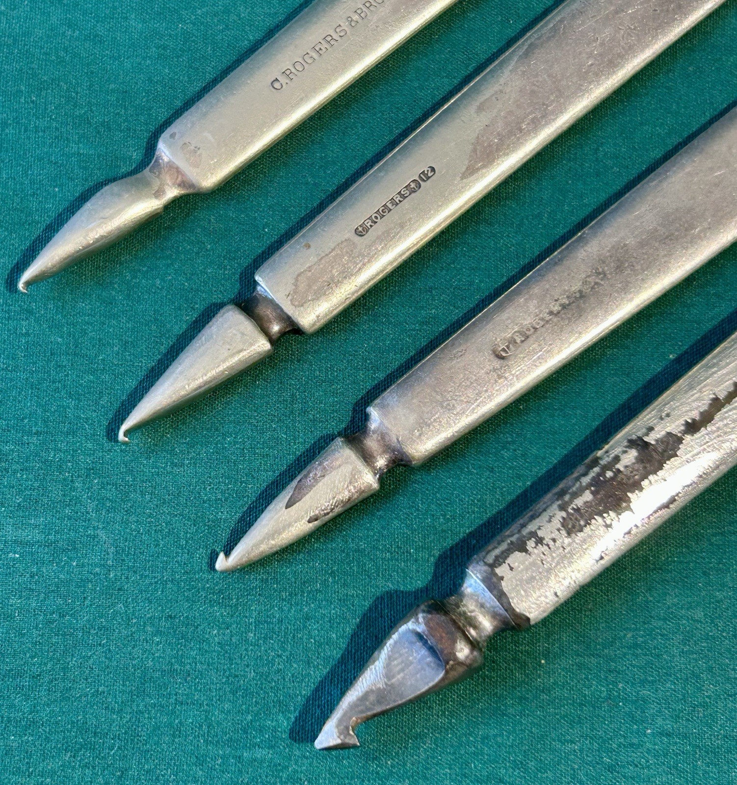 4 Handmade Crochet Hooks, Tools Woodworking, Leather? Rogers Silverplate RARE!