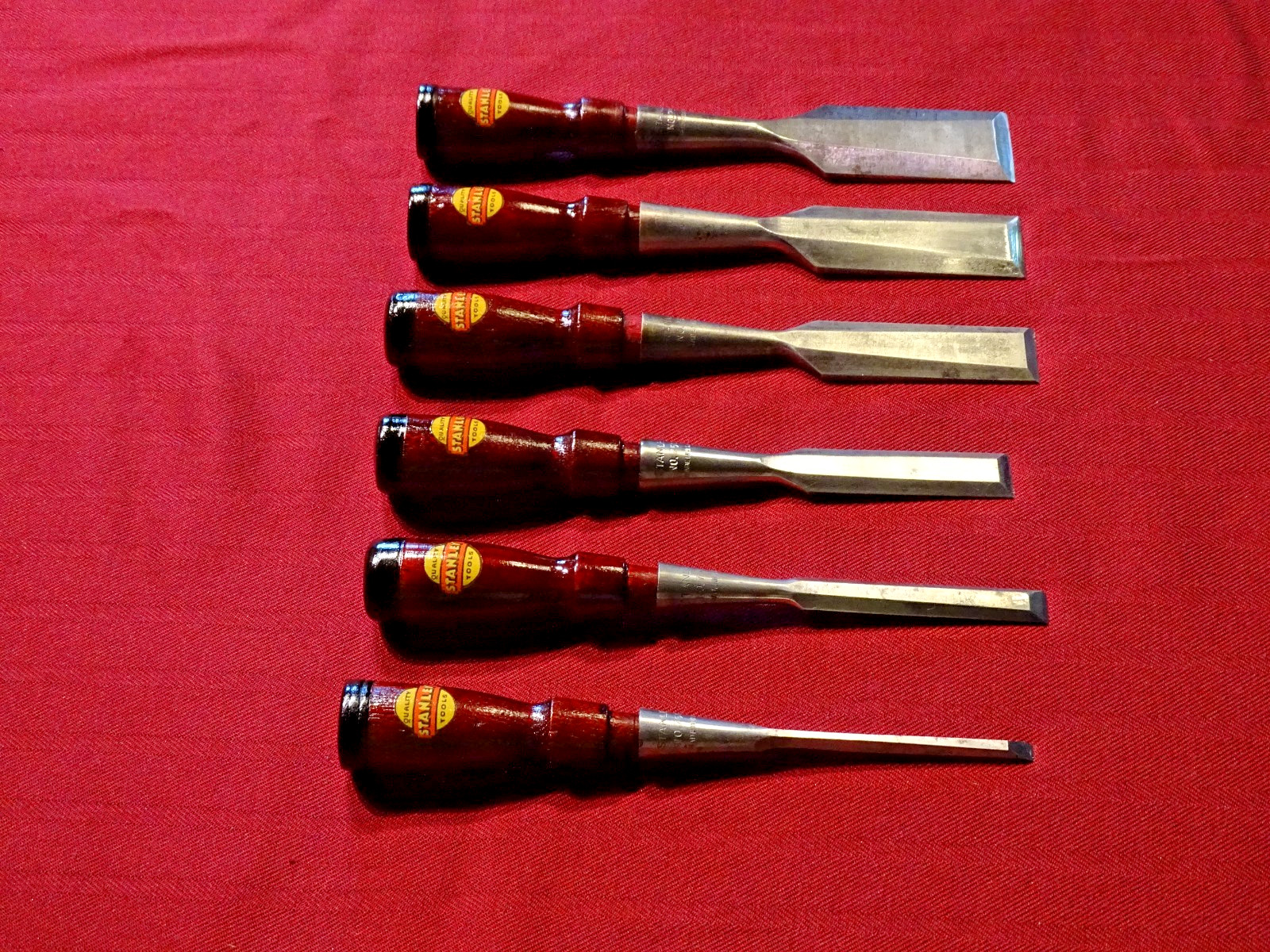 Stanley # 750 Six Piece Used Chisel Set in Stanley Vinyl Roll Decals Restored