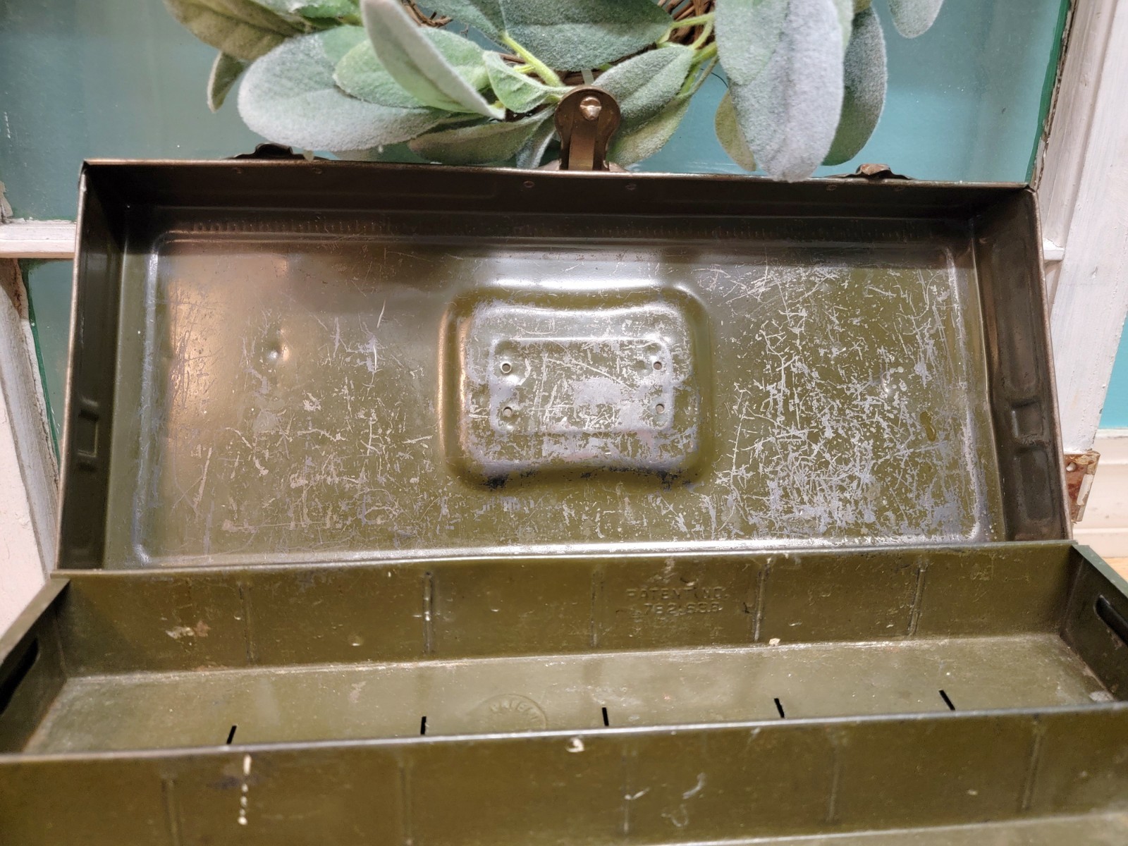 Vintage Union Steel Chest Utilico No. 4114 Olive Ruler Top & Tray 14″ Toolbox