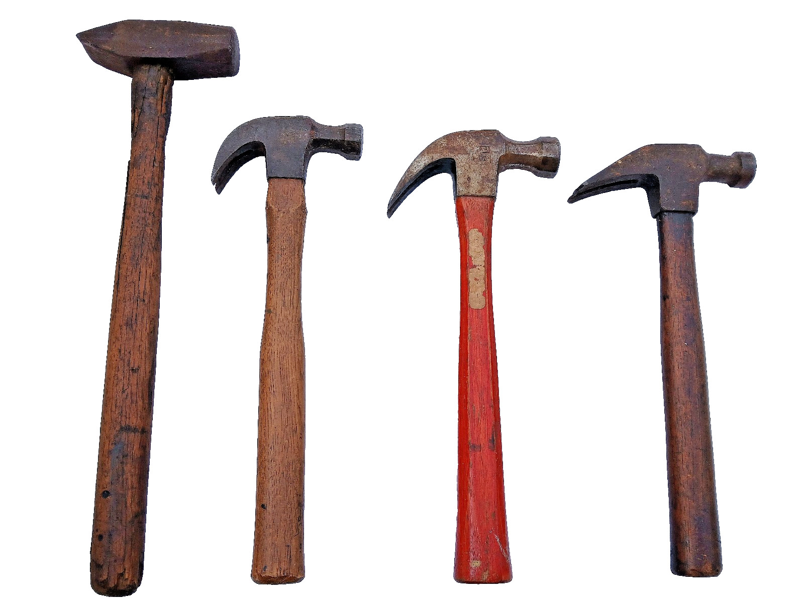 LOT OF 4 ASSORTED USED WOOD HANDLE HAMMERS SMALL SLEDGE 2 CLAW HAMMERS & 1 RIP