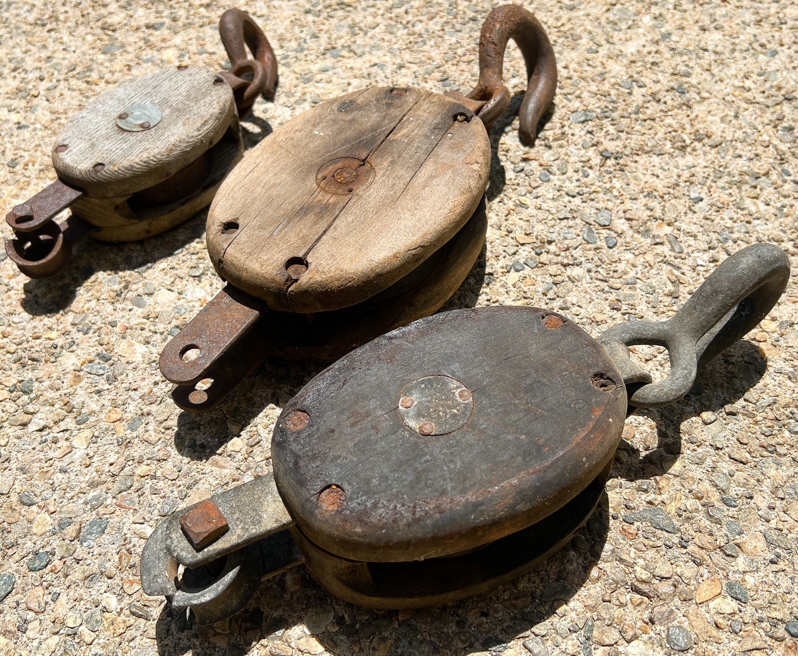 Lot of 3 Antique Wood & Iron Pulleys – Hook & Block Madesco – Boston & Lockport